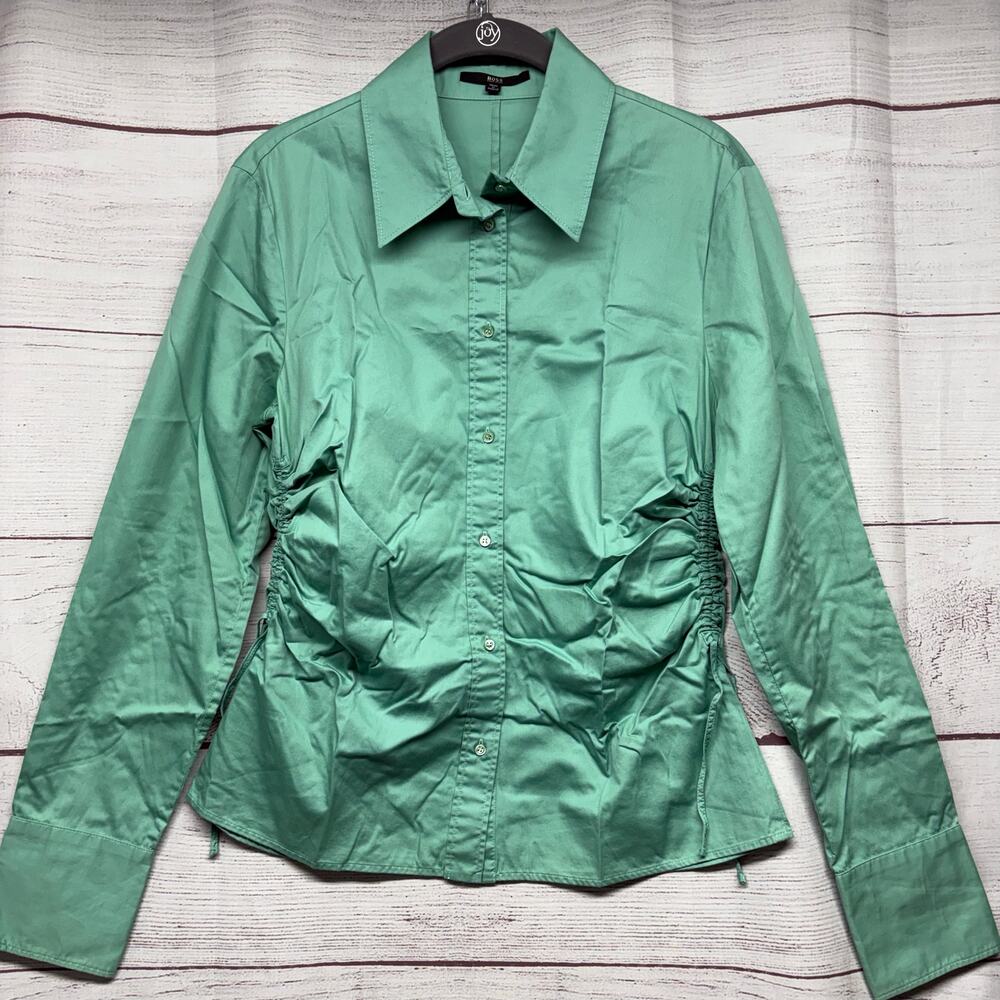 Hugo Boss Bradley Ruched Side Cotton Blouse Mint Green Shirt Women’s Size 8